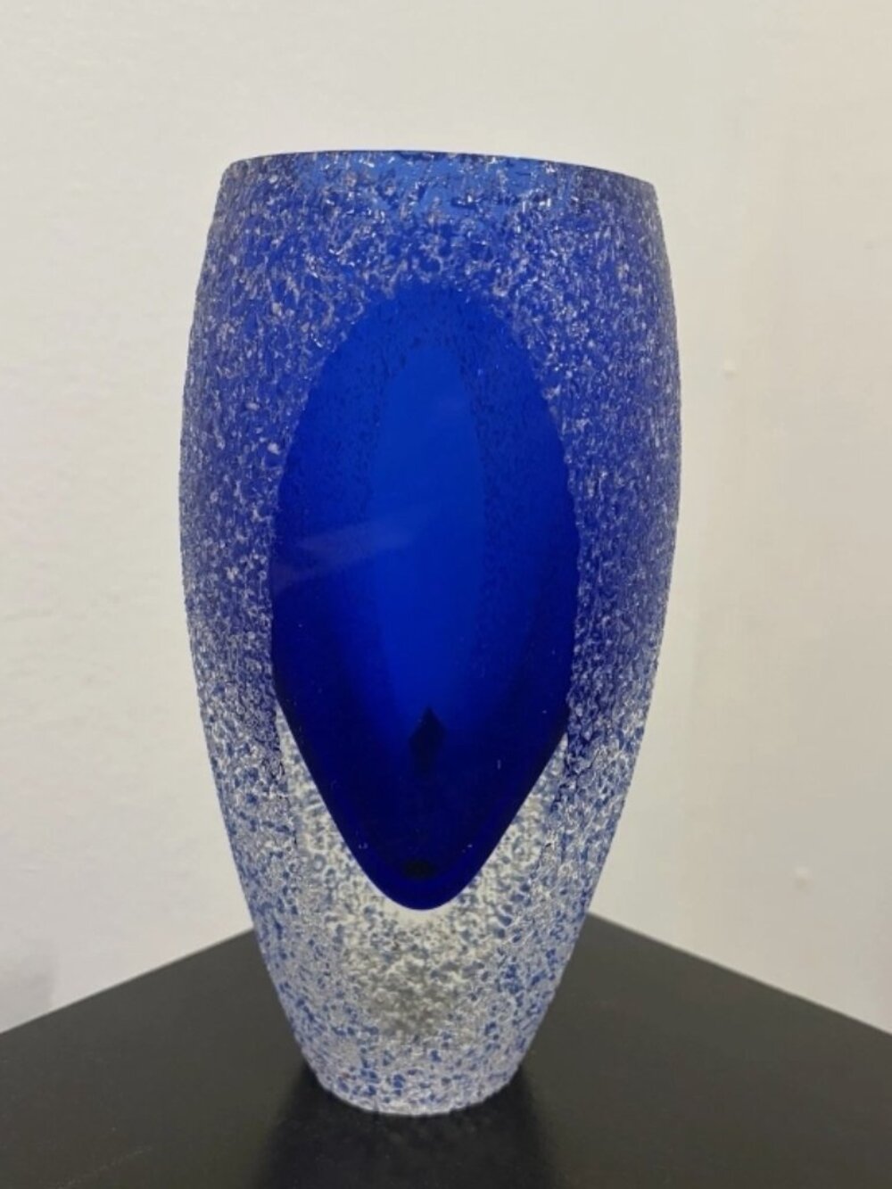 Vintage Cobalt Blue Textured Art Glass Vase Clear Cased Glass MCM 8â Heavy